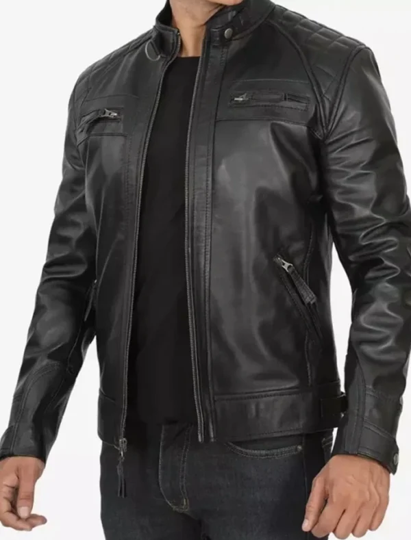 Classic Black Quilted Leather Jacket for Men Front