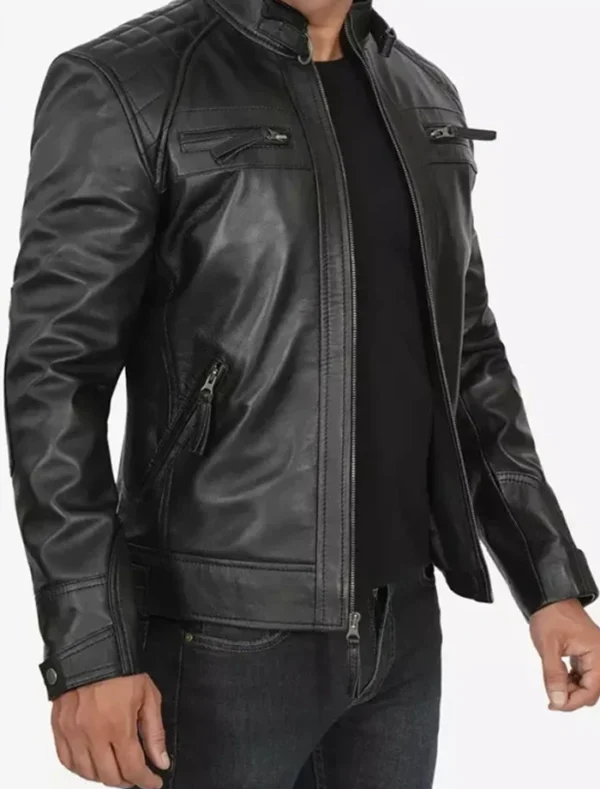 Classic Black Quilted Leather Jacket for Men Side Look