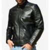 Classic Black Quilted Zipper Leather Jacket Front