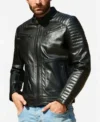 Classic Black Quilted Zipper Leather Jacket Front