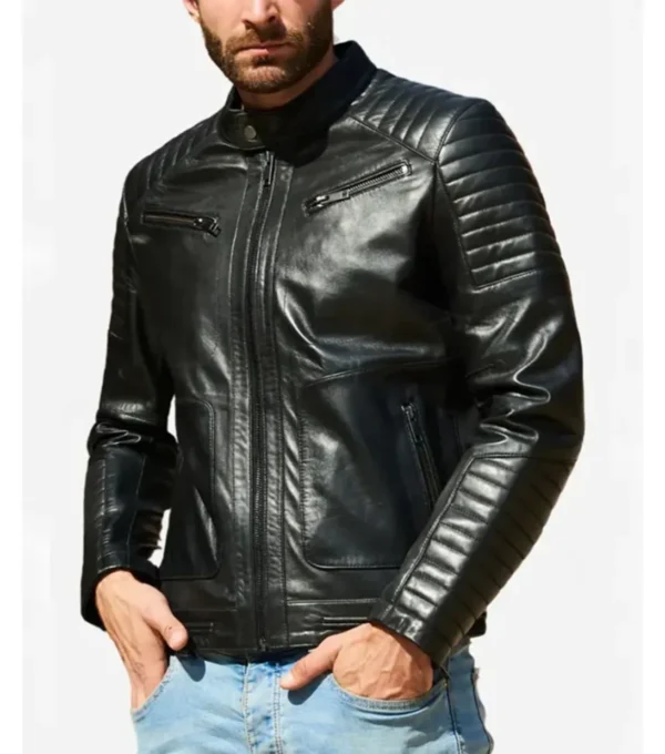 Classic Black Quilted Zipper Leather Jacket Front