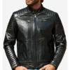 Classic Black Quilted Zipper Leather Jacket Side
