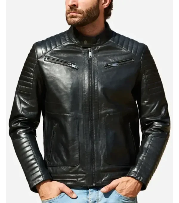 Classic Black Quilted Zipper Leather Jacket Side