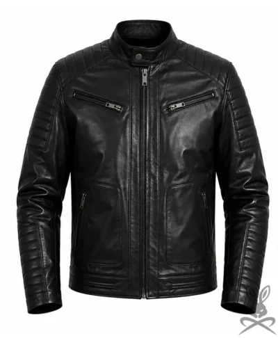 Classic Black Quilted Zipper Leather Jacket frontside