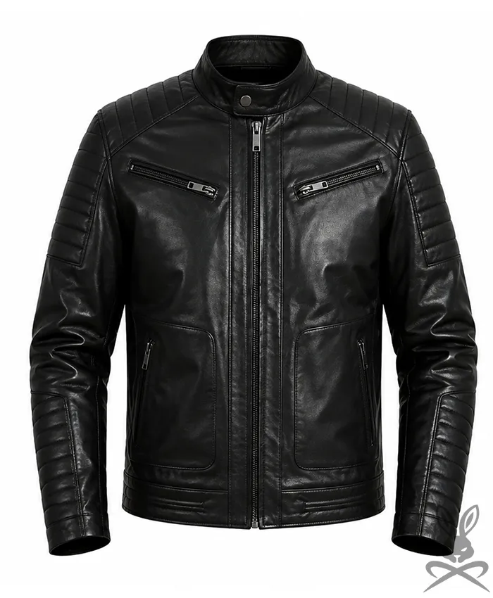 Classic Black Quilted Zipper Leather Jacket frontside