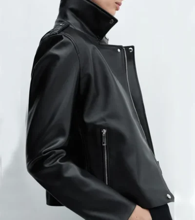 Classic Black Real Leather Moto Jacket Side Look