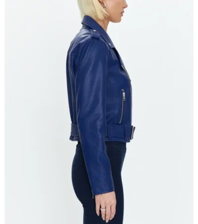 Classic Blue Moto Biker Jacket for Women Side View | Womens Blue Moto Leather Jacket