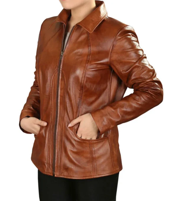 Classic Brown Leather Jacket for Women Side Look