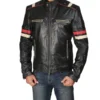 Classic Racer Black Leather Jacket with Red Stripes