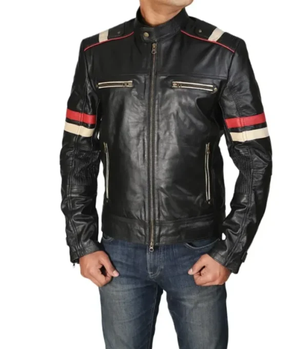 Classic Racer Black Leather Jacket with Red Stripes