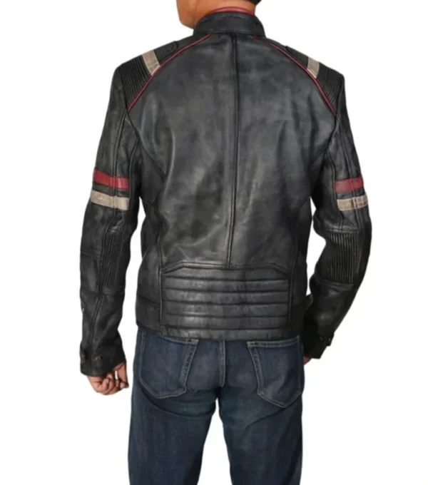 Classic Racer Black Leather Jacket with Red Stripes Back