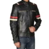 Classic Racer Black Leather Jacket with Red Stripes Front