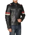 Classic Racer Black Leather Jacket with Red Stripes Front