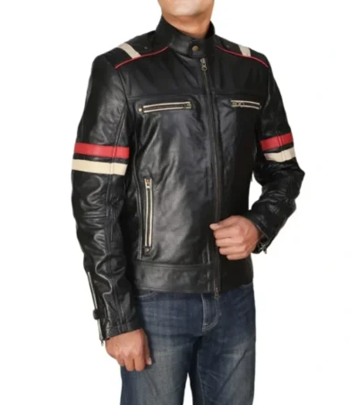 Classic Racer Black Leather Jacket with Red Stripes Front