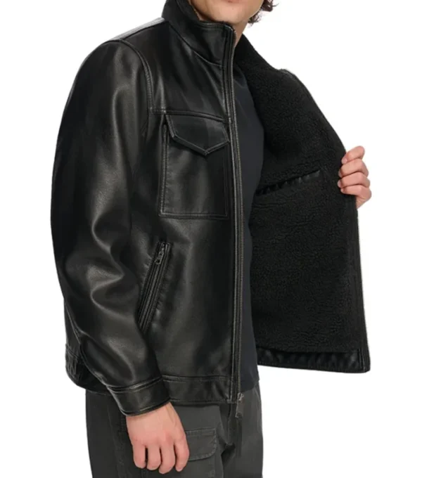 Classic Style Black Leather Jacket Pocket