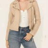 Classic Women's Beige Biker Leather Jacket