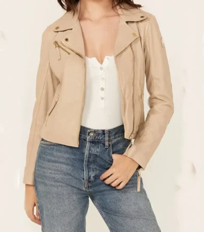 Classic Women's Beige Biker Leather Jacket