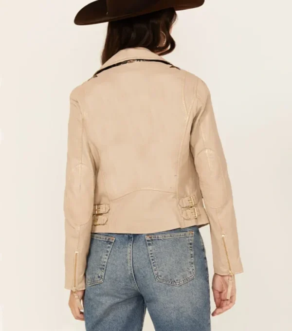Classic Women's Beige Biker Leather Jacket Back