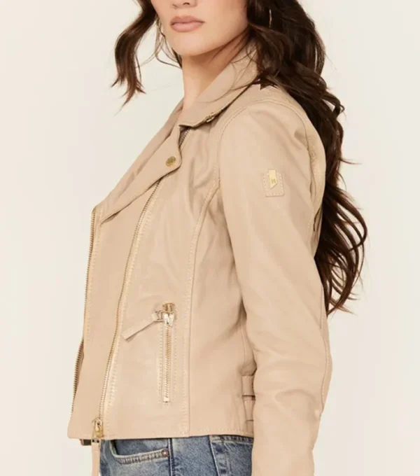 Classic Women's Beige Biker Leather Jacket Side Look