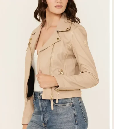 Classic Women's Beige Biker Leather Jacket on Sale