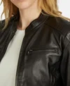 Classic Women's Black Café Racer Leather Jacket Closer