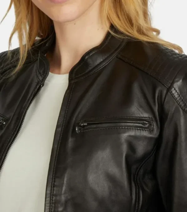 Classic Women's Black Café Racer Leather Jacket Closer