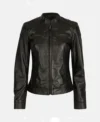 Classic Women's Black Café Racer Leather Jacket Front