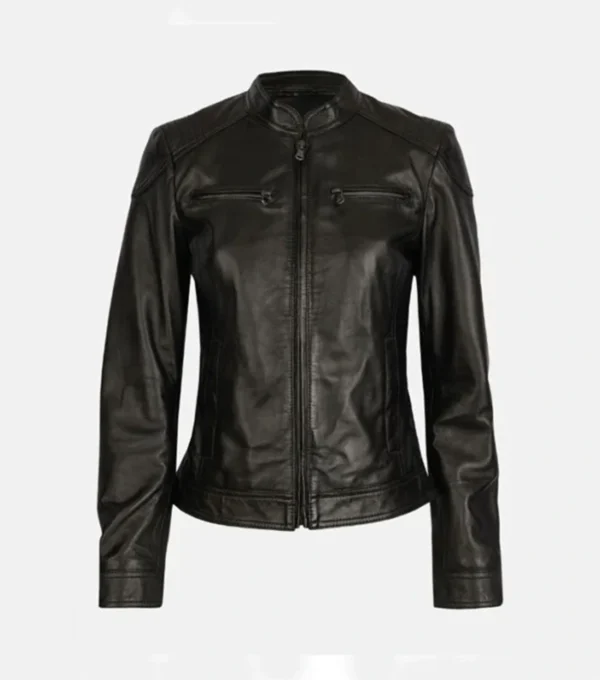 Classic Women's Black Café Racer Leather Jacket Front