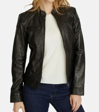 Classic Women's Black Café Racer Leather Jacket on Sale