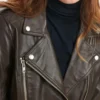 Classic Women's Brown Biker Leather Jacket Collar