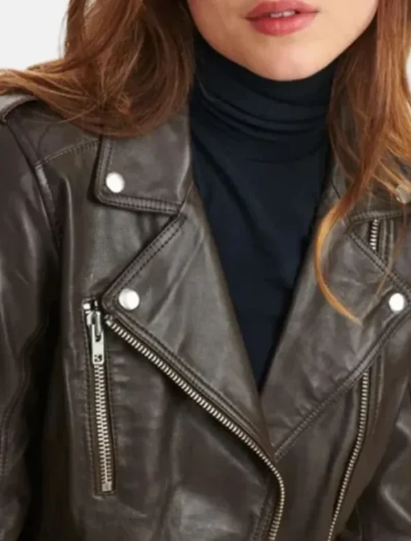 Classic Women's Brown Biker Leather Jacket Collar