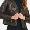 Classic Women's Brown Biker Leather Jacket Front