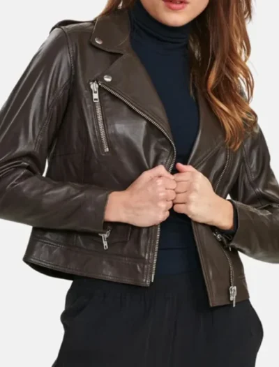 Classic Women's Brown Biker Leather Jacket Front