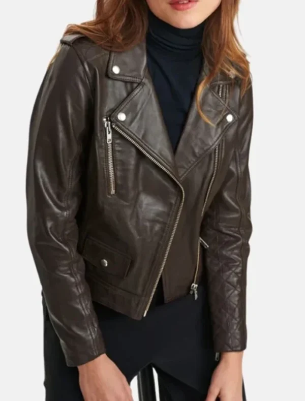 Classic Women's Brown Biker Leather Jacket on Sale