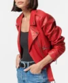 Classic Women's Red Motorcycle Leather Jacket Side Look
