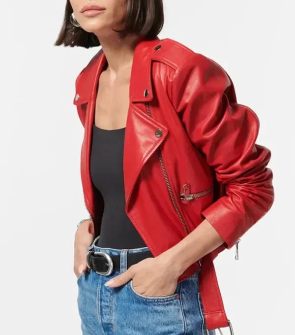 Classic Women's Red Motorcycle Leather Jacket Side Look
