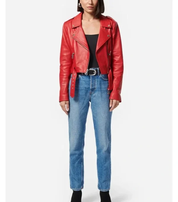 Classic Women's Red Motorcycle Leather Jacket on Sale