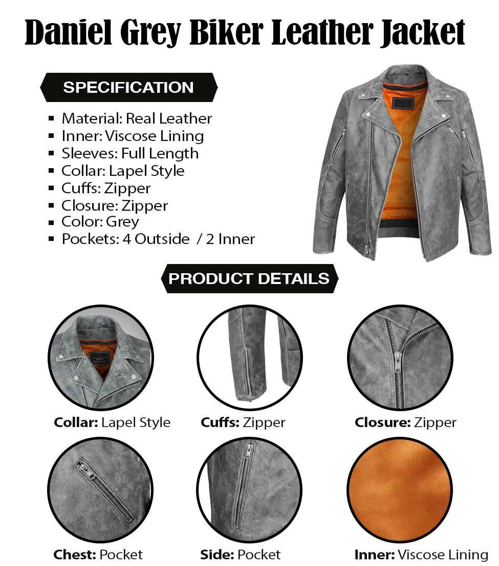 Daniel Grey Biker Leather Jacket infographic