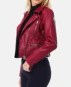 Dark Red Biker Leather Jacket for Women Side Look
