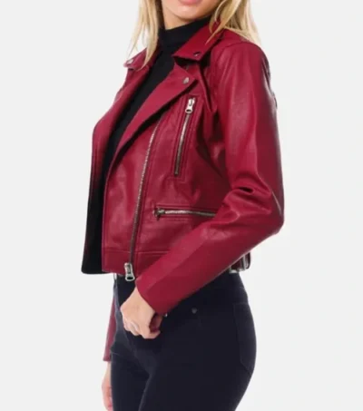 Dark Red Biker Leather Jacket for Women Side Look