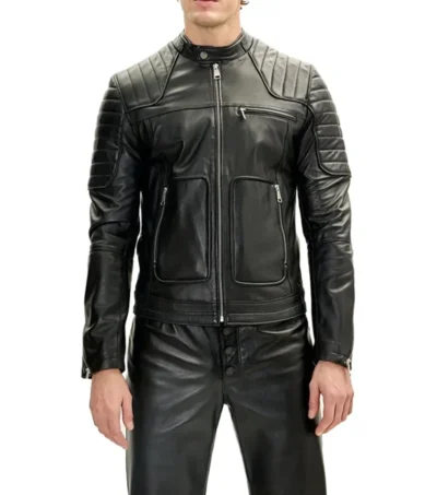 Double Front Zipped Black Cafe Racer Jacket