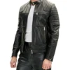 Double Front Zipped Black Cafe Racer Jacket Side Look