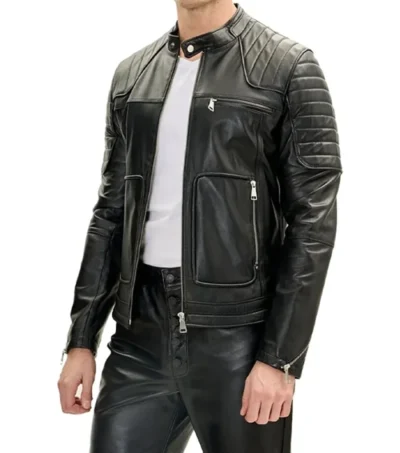 Double Front Zipped Black Cafe Racer Jacket Side Look