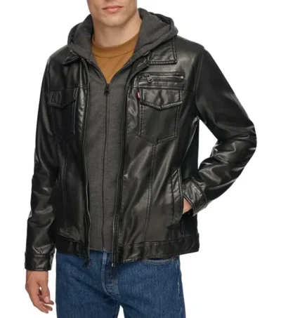 Hooded Black Leather Trucker Jacket