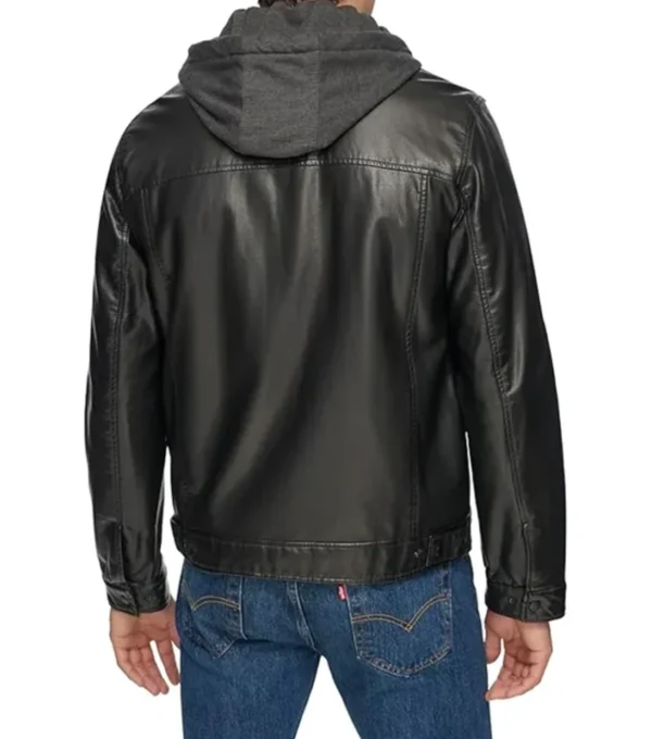 Hooded Black Leather Trucker Jacket Back