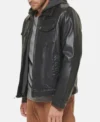 Hooded Black Leather Trucker Jacket Side Look