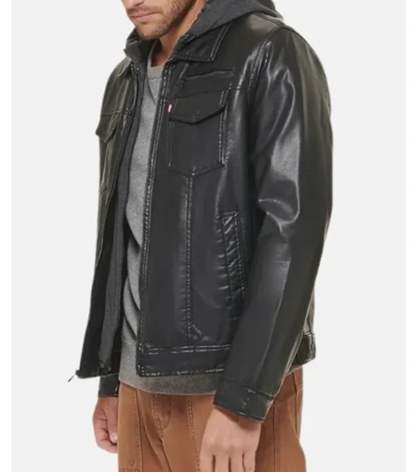 Hooded Black Leather Trucker Jacket Side Look