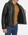 Hooded Black Leather Trucker Jacket on Sale