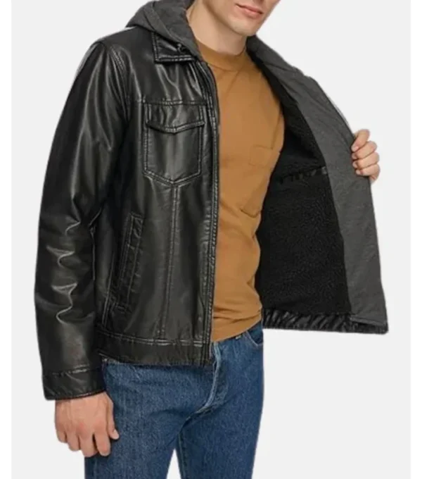 Hooded Black Leather Trucker Jacket on Sale