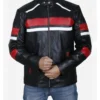 Men's Biker Leather Jacket With Red and White Stripes